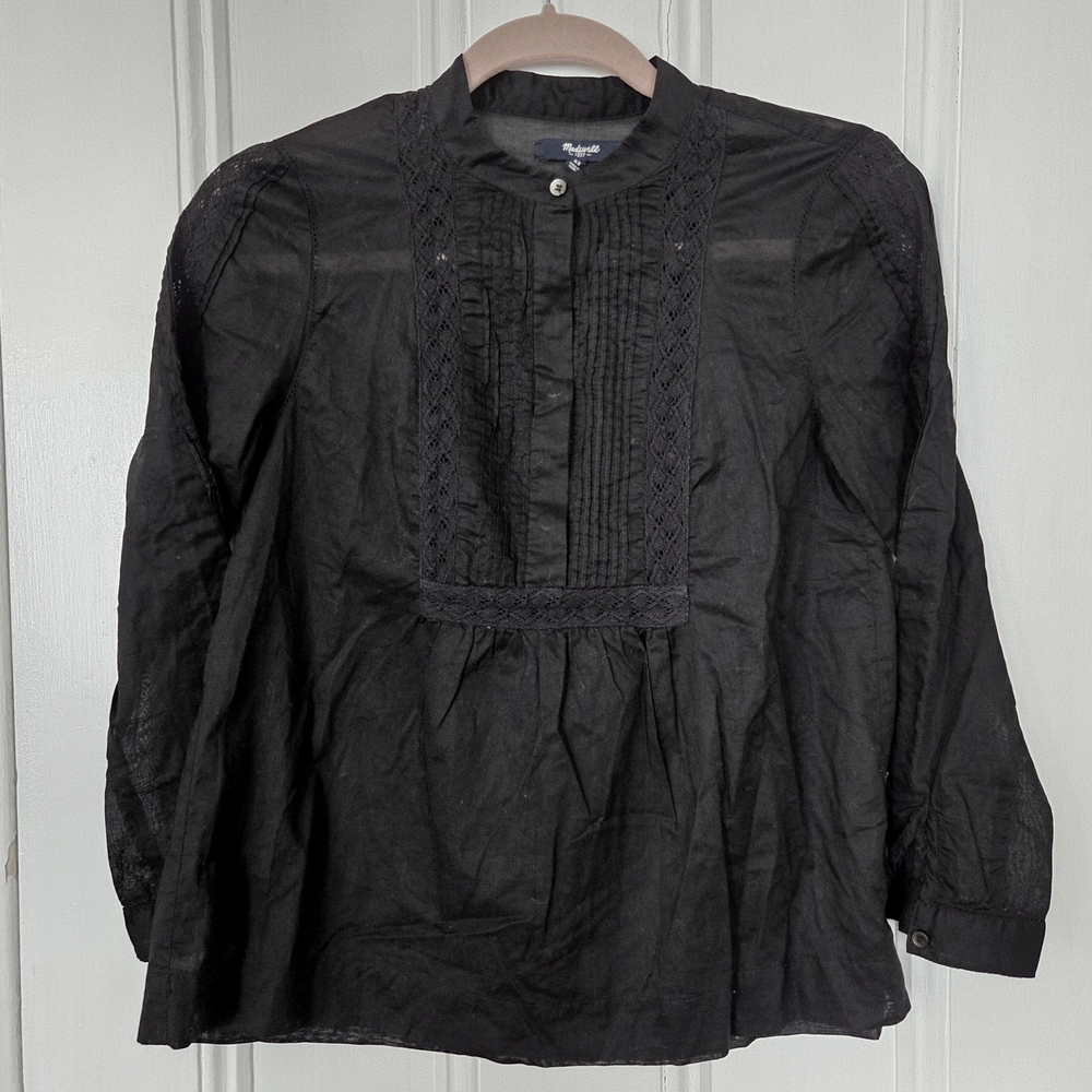 Madewell Black Pintuck Mandarin Collar Button-Neck Blouse